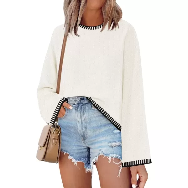 imageZESICA Womens Oversized Long Sleeve Sweaters 2024 Fall Crewneck Color Block Loose Ribbed Knit Pullover TopsWhite