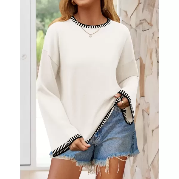 imageZESICA Womens Oversized Long Sleeve Sweaters 2024 Fall Crewneck Color Block Loose Ribbed Knit Pullover TopsWhite