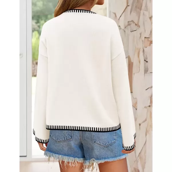 imageZESICA Womens Oversized Long Sleeve Sweaters 2024 Fall Crewneck Color Block Loose Ribbed Knit Pullover TopsWhite