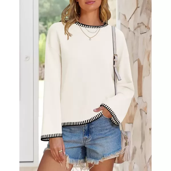 imageZESICA Womens Oversized Long Sleeve Sweaters 2024 Fall Crewneck Color Block Loose Ribbed Knit Pullover TopsWhite