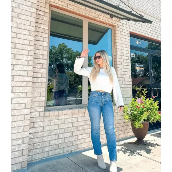 imageZESICA Womens Oversized Long Sleeve Sweaters 2024 Fall Crewneck Color Block Loose Ribbed Knit Pullover TopsWhite