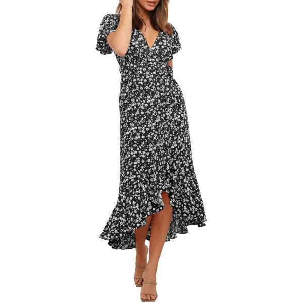 imageZESICA Womens Summer Bohemian Floral Printed Wrap V Neck Beach Party Flowy Ruffle Midi DressBlack