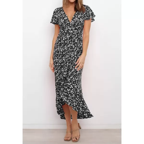 imageZESICA Womens Summer Bohemian Floral Printed Wrap V Neck Beach Party Flowy Ruffle Midi DressBlack