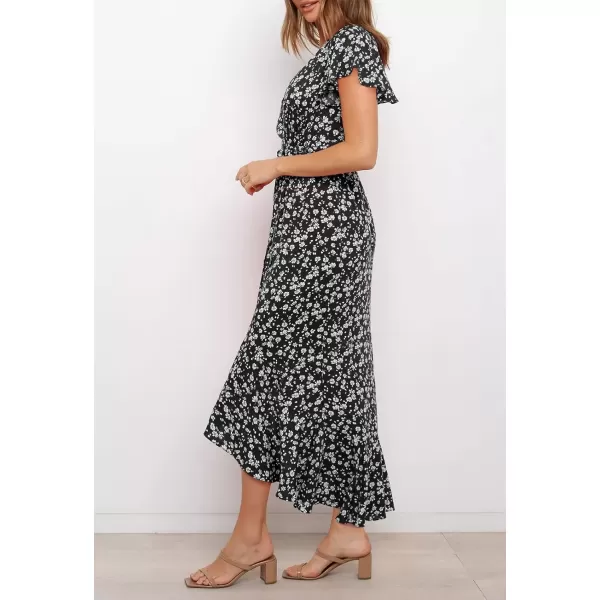 imageZESICA Womens Summer Bohemian Floral Printed Wrap V Neck Beach Party Flowy Ruffle Midi DressBlack