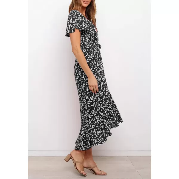 imageZESICA Womens Summer Bohemian Floral Printed Wrap V Neck Beach Party Flowy Ruffle Midi DressBlack