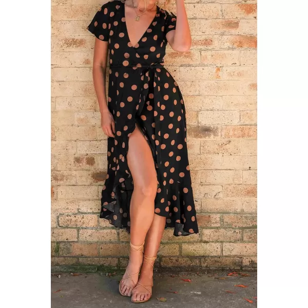 imageZESICA Womens Summer Bohemian Floral Printed Wrap V Neck Beach Party Flowy Ruffle Midi DressBlackdot