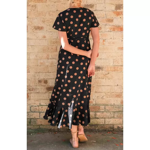 imageZESICA Womens Summer Bohemian Floral Printed Wrap V Neck Beach Party Flowy Ruffle Midi DressBlackdot