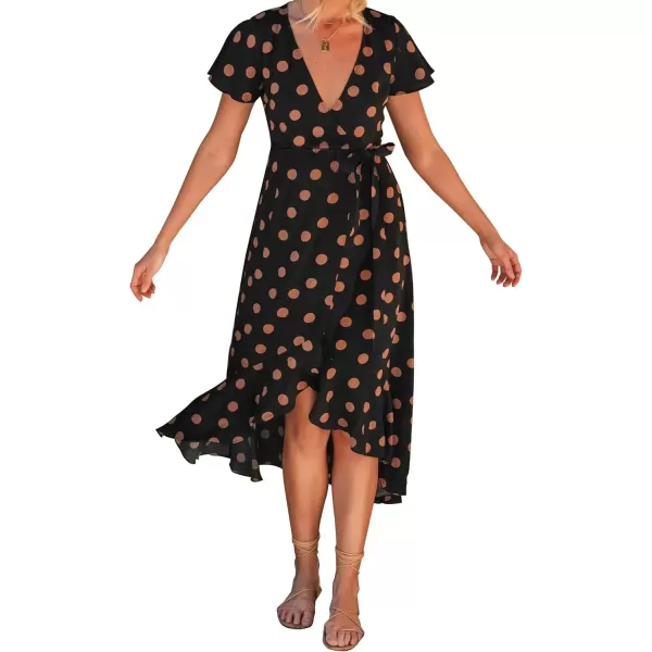 imageZESICA Womens Summer Bohemian Floral Printed Wrap V Neck Beach Party Flowy Ruffle Midi DressBlackdot
