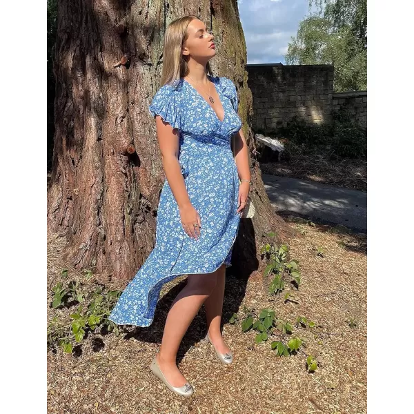 imageZESICA Womens Summer Bohemian Floral Printed Wrap V Neck Beach Party Flowy Ruffle Midi DressBlue