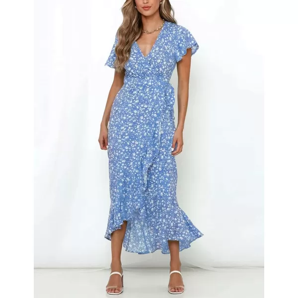 imageZESICA Womens Summer Bohemian Floral Printed Wrap V Neck Beach Party Flowy Ruffle Midi DressBlue