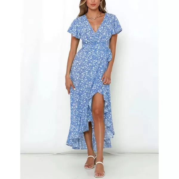 imageZESICA Womens Summer Bohemian Floral Printed Wrap V Neck Beach Party Flowy Ruffle Midi DressBlue