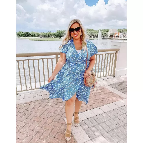 imageZESICA Womens Summer Bohemian Floral Printed Wrap V Neck Beach Party Flowy Ruffle Midi DressBlue