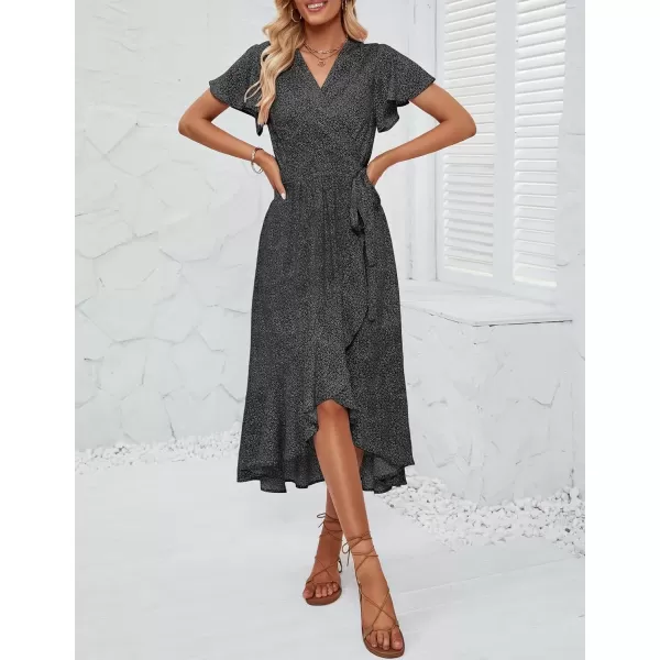 imageZESICA Womens Summer Bohemian Floral Printed Wrap V Neck Beach Party Flowy Ruffle Midi DressCharcoal