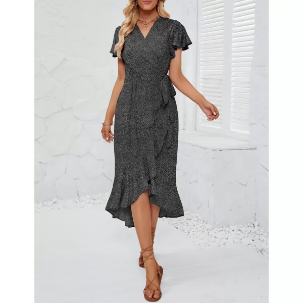 imageZESICA Womens Summer Bohemian Floral Printed Wrap V Neck Beach Party Flowy Ruffle Midi DressCharcoal