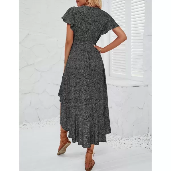 imageZESICA Womens Summer Bohemian Floral Printed Wrap V Neck Beach Party Flowy Ruffle Midi DressCharcoal