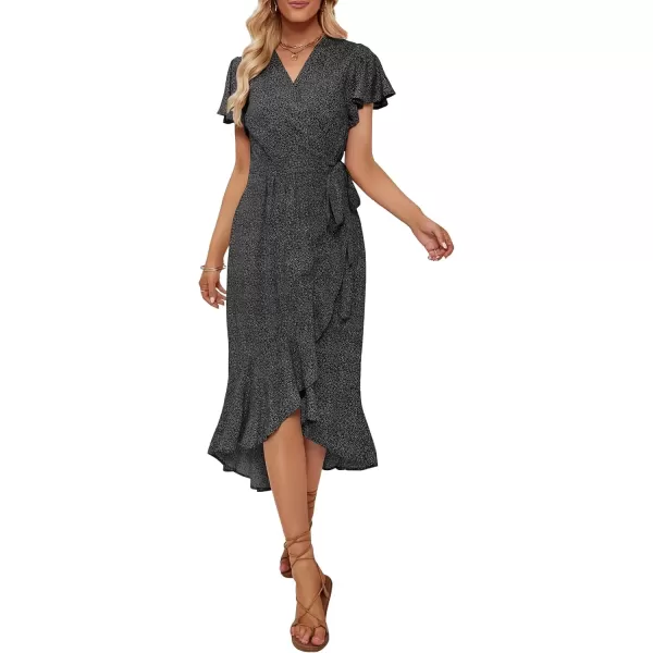 imageZESICA Womens Summer Bohemian Floral Printed Wrap V Neck Beach Party Flowy Ruffle Midi DressCharcoal
