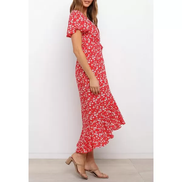 imageZESICA Womens Summer Bohemian Floral Printed Wrap V Neck Beach Party Flowy Ruffle Midi DressCherry