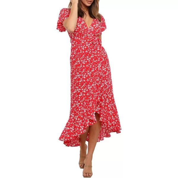 imageZESICA Womens Summer Bohemian Floral Printed Wrap V Neck Beach Party Flowy Ruffle Midi DressCherry