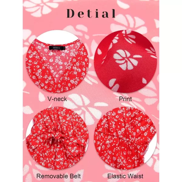 imageZESICA Womens Summer Bohemian Floral Printed Wrap V Neck Beach Party Flowy Ruffle Midi DressCherry
