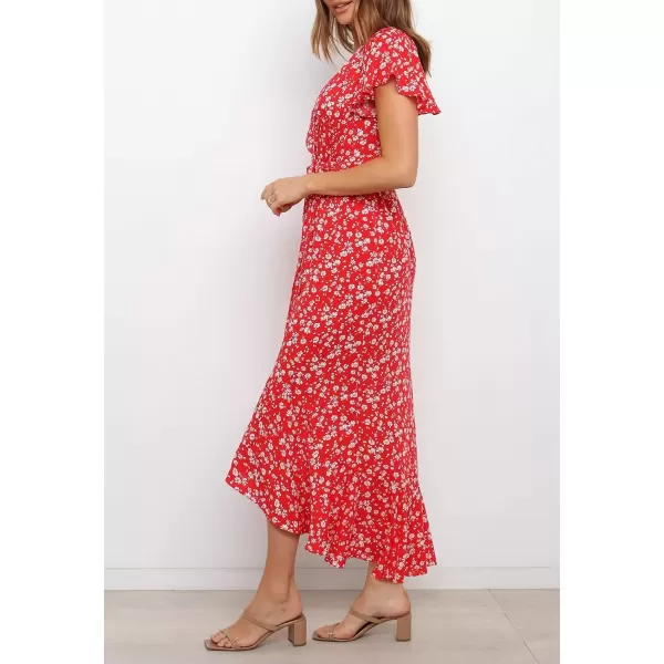 imageZESICA Womens Summer Bohemian Floral Printed Wrap V Neck Beach Party Flowy Ruffle Midi DressCherry