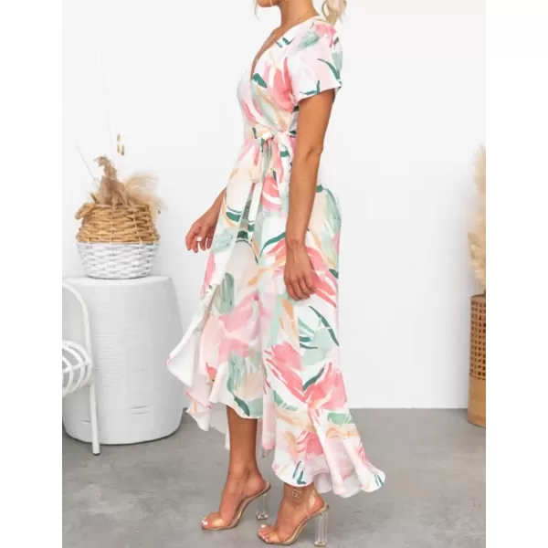 imageZESICA Womens Summer Bohemian Floral Printed Wrap V Neck Beach Party Flowy Ruffle Midi DressContrastwhite