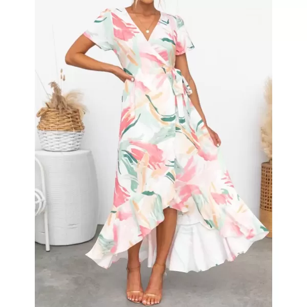 imageZESICA Womens Summer Bohemian Floral Printed Wrap V Neck Beach Party Flowy Ruffle Midi DressContrastwhite