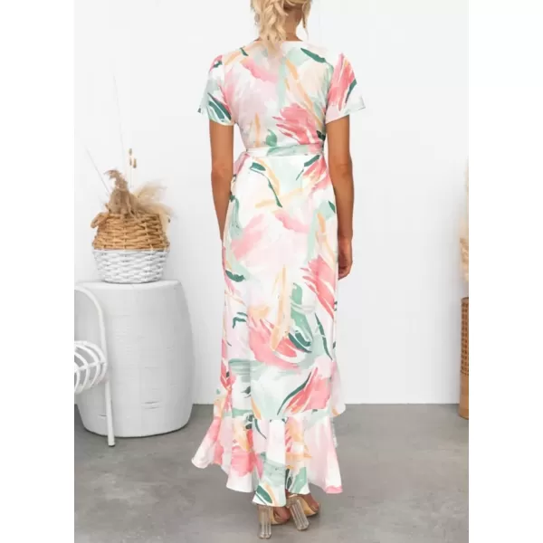 imageZESICA Womens Summer Bohemian Floral Printed Wrap V Neck Beach Party Flowy Ruffle Midi DressContrastwhite