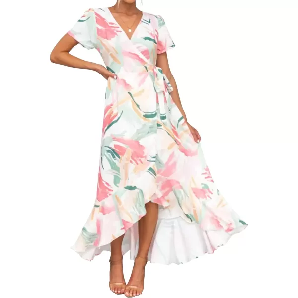 imageZESICA Womens Summer Bohemian Floral Printed Wrap V Neck Beach Party Flowy Ruffle Midi DressContrastwhite