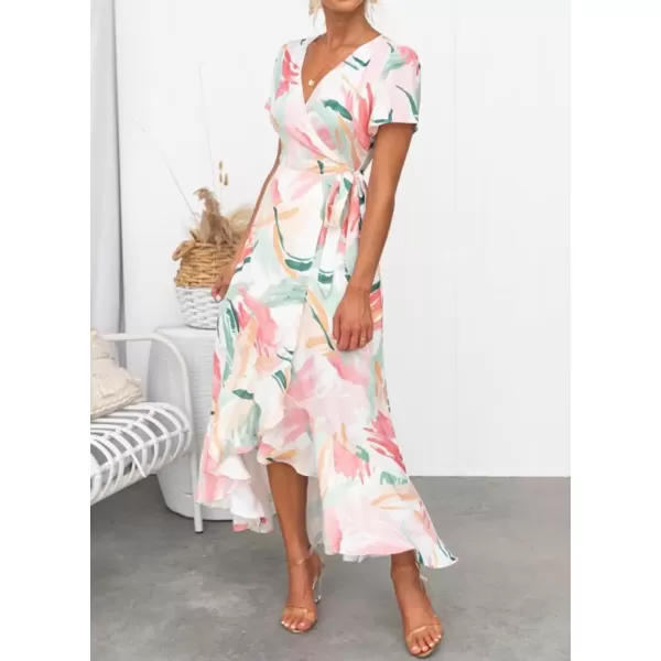 imageZESICA Womens Summer Bohemian Floral Printed Wrap V Neck Beach Party Flowy Ruffle Midi DressContrastwhite