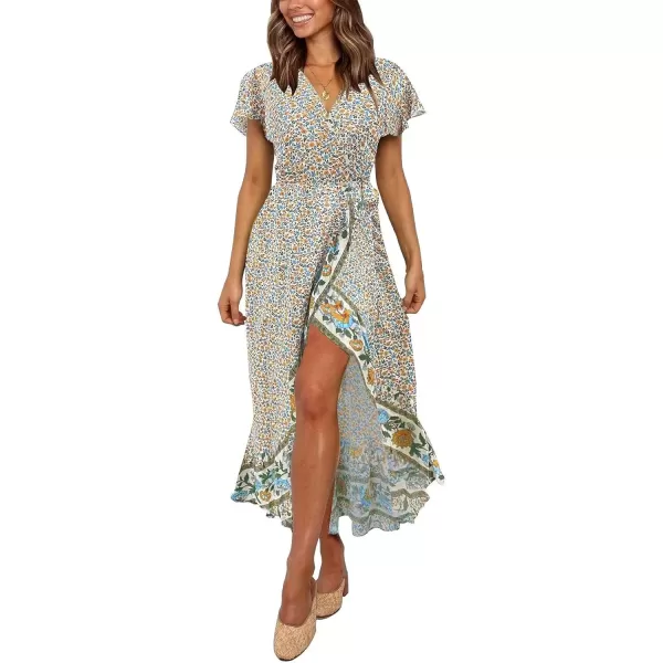 imageZESICA Womens Summer Bohemian Floral Printed Wrap V Neck Beach Party Flowy Ruffle Midi DressCream