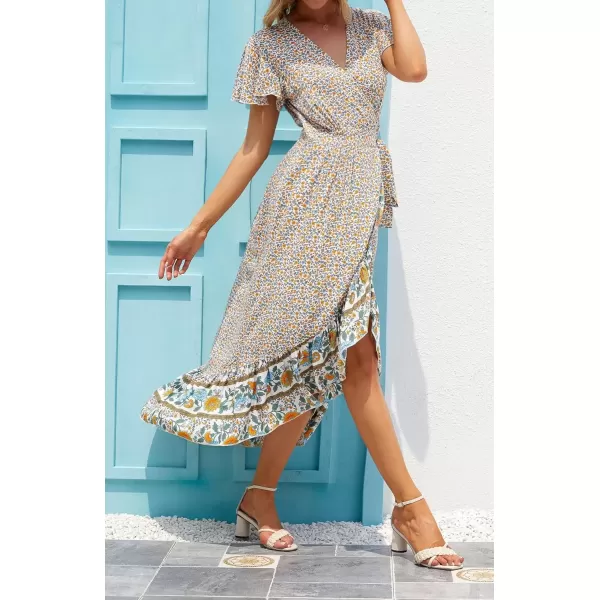 imageZESICA Womens Summer Bohemian Floral Printed Wrap V Neck Beach Party Flowy Ruffle Midi DressCream