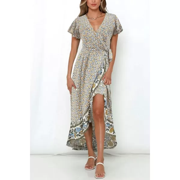 imageZESICA Womens Summer Bohemian Floral Printed Wrap V Neck Beach Party Flowy Ruffle Midi DressCream