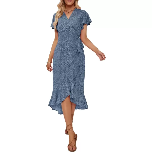 imageZESICA Womens Summer Bohemian Floral Printed Wrap V Neck Beach Party Flowy Ruffle Midi DressDustyblue