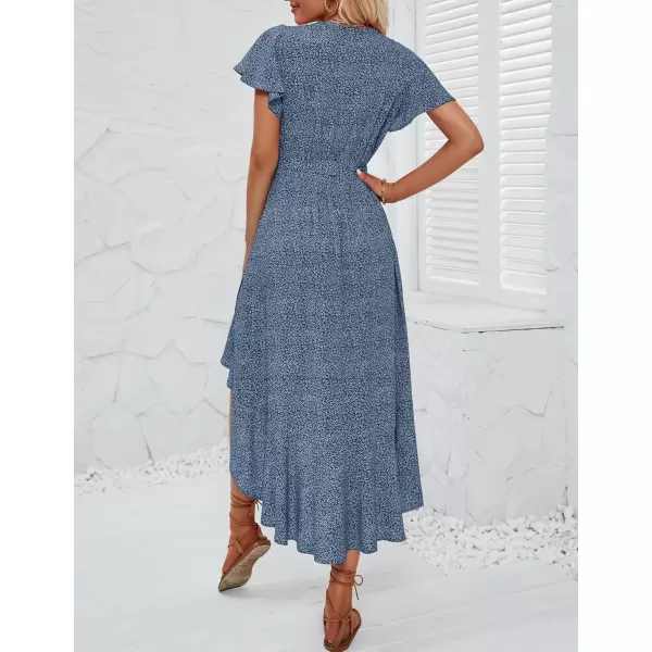 imageZESICA Womens Summer Bohemian Floral Printed Wrap V Neck Beach Party Flowy Ruffle Midi DressDustyblue