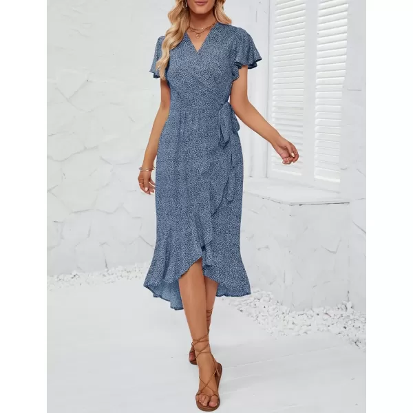 imageZESICA Womens Summer Bohemian Floral Printed Wrap V Neck Beach Party Flowy Ruffle Midi DressDustyblue
