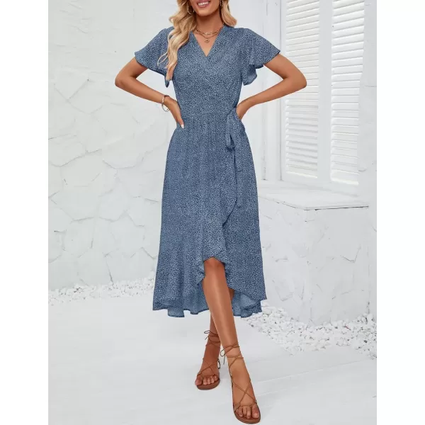 imageZESICA Womens Summer Bohemian Floral Printed Wrap V Neck Beach Party Flowy Ruffle Midi DressDustyblue