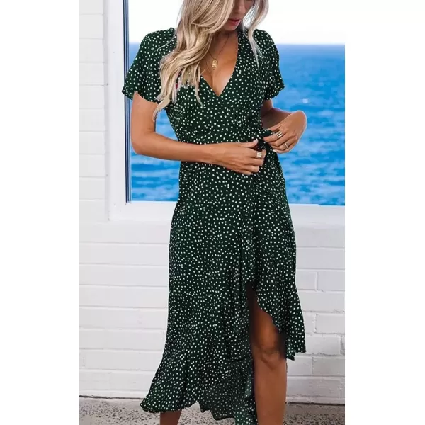 imageZESICA Womens Summer Bohemian Floral Printed Wrap V Neck Beach Party Flowy Ruffle Midi DressForestgreen