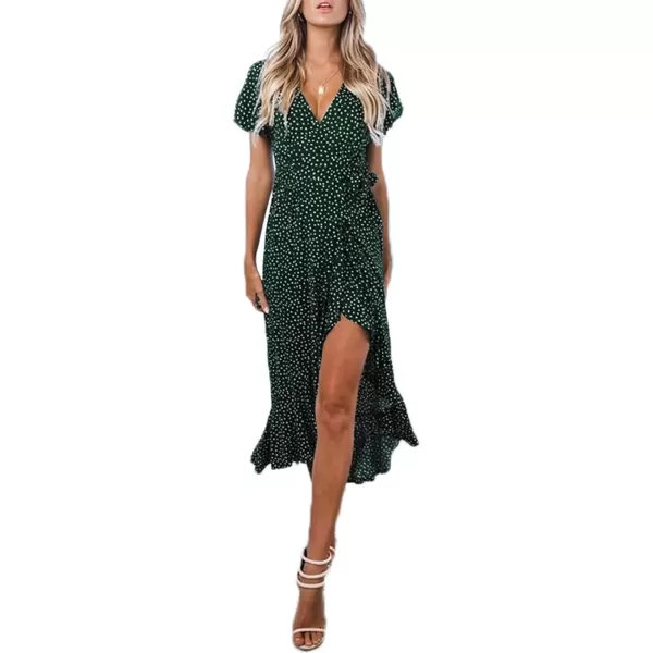 imageZESICA Womens Summer Bohemian Floral Printed Wrap V Neck Beach Party Flowy Ruffle Midi DressForestgreen