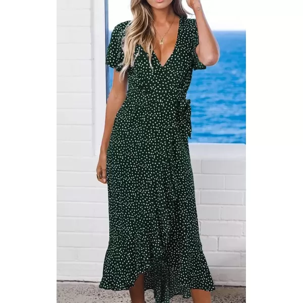 imageZESICA Womens Summer Bohemian Floral Printed Wrap V Neck Beach Party Flowy Ruffle Midi DressForestgreen