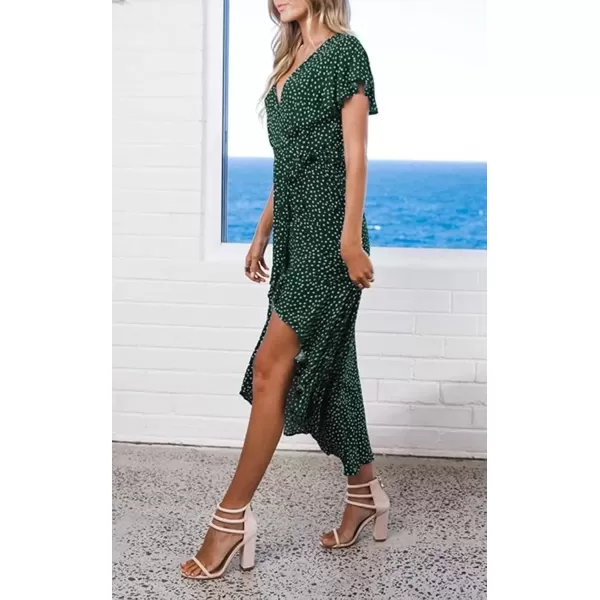 imageZESICA Womens Summer Bohemian Floral Printed Wrap V Neck Beach Party Flowy Ruffle Midi DressForestgreen