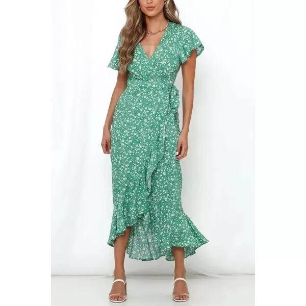 imageZESICA Womens Summer Bohemian Floral Printed Wrap V Neck Beach Party Flowy Ruffle Midi DressGreen