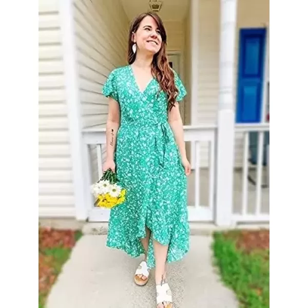 imageZESICA Womens Summer Bohemian Floral Printed Wrap V Neck Beach Party Flowy Ruffle Midi DressGreen