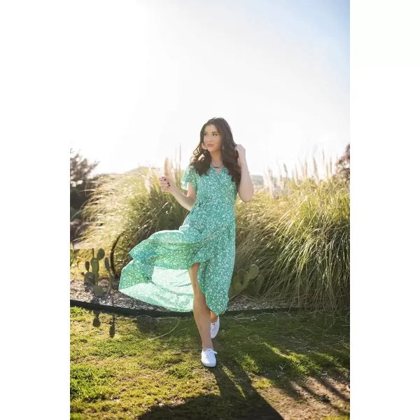 imageZESICA Womens Summer Bohemian Floral Printed Wrap V Neck Beach Party Flowy Ruffle Midi DressGreen
