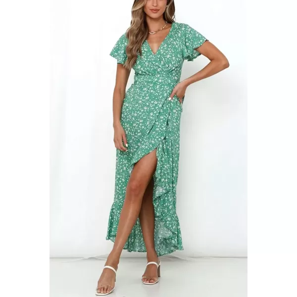 imageZESICA Womens Summer Bohemian Floral Printed Wrap V Neck Beach Party Flowy Ruffle Midi DressGreen