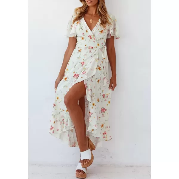 imageZESICA Womens Summer Bohemian Floral Printed Wrap V Neck Beach Party Flowy Ruffle Midi DressIvory