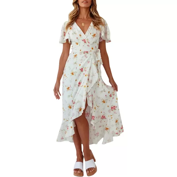 imageZESICA Womens Summer Bohemian Floral Printed Wrap V Neck Beach Party Flowy Ruffle Midi DressIvory