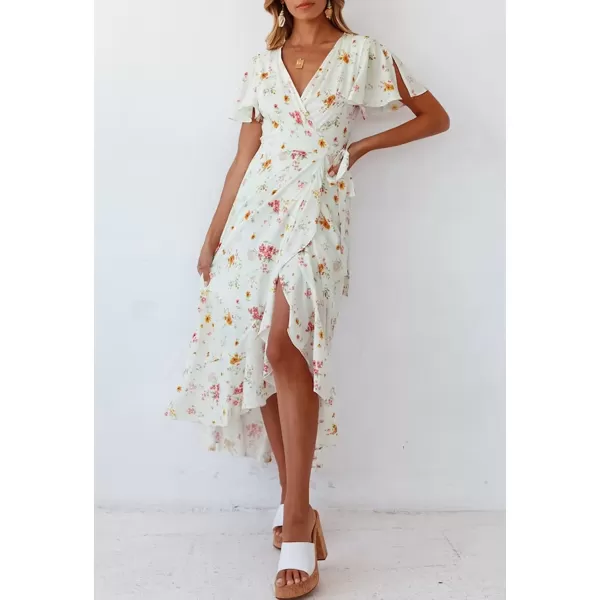 imageZESICA Womens Summer Bohemian Floral Printed Wrap V Neck Beach Party Flowy Ruffle Midi DressIvory