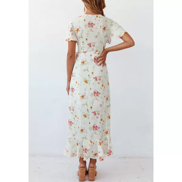 imageZESICA Womens Summer Bohemian Floral Printed Wrap V Neck Beach Party Flowy Ruffle Midi DressIvory