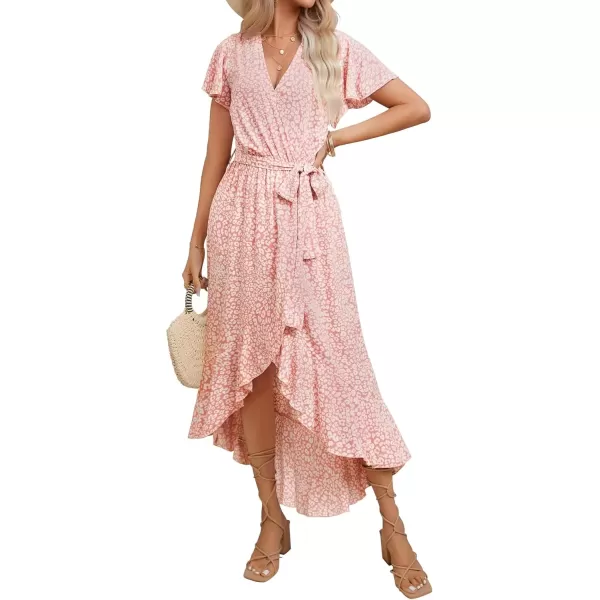 imageZESICA Womens Summer Bohemian Floral Printed Wrap V Neck Beach Party Flowy Ruffle Midi DressLightpink