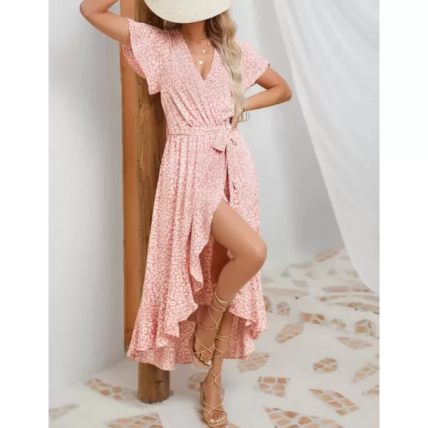 imageZESICA Womens Summer Bohemian Floral Printed Wrap V Neck Beach Party Flowy Ruffle Midi DressLightpink